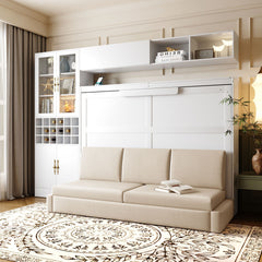 Full Size Murphy Bed Wall Bed with Sofa , Shelves USB & Light ,White