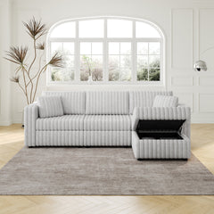 106.3" Soft 3-Person Sofa. Matches 30.7" Ottoman with Hydraulic Lift. Comfortable & Stylish. For Bedroom & Living Room. Light Gray. Modern Furniture. Modular Design.