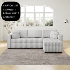 106.3" Soft 3-Person Sofa. Matches 30.7" Ottoman with Hydraulic Lift. Comfortable & Stylish. For Bedroom & Living Room. Light Gray. Modern Furniture. Modular Design.