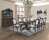 Formal 9pc Rectangular Dining Table 18" Extendable Leaf Side Chair Arm Chair Rich Dark Coffee Brown Finish Intricately Carved Double Pedestal Base Solid Wood Dining Set