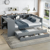 Full Size Daybed with Trundle, Wood Day Bed Frame with Storage Drawers and Side Shelves, Daybed with Desk, No Spring Box Needed, Gray