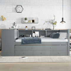 Full Size Daybed with Trundle, Wood Day Bed Frame with Storage Drawers and Side Shelves, Daybed with Desk, No Spring Box Needed, Gray