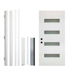36 x 80 Fiberglass Entry Door, 4-Lite Frosted Glass - Contemporary Style for Home's Front Entrance, Right Hand Inswing, New Packaging Vinyl Frame, White Finish Knock-Down Entry Door