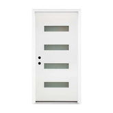 36 x 80 Fiberglass Entry Door, 4-Lite Frosted Glass - Contemporary Style for Home's Front Entrance, Right Hand Inswing, New Packaging Vinyl Frame, White Finish Knock-Down Entry Door