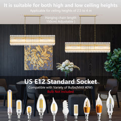Modern Rectangular Crystal Glass Chandelier, 10-Lights Glod Chandelier Lighting Contemporary Pendant Ceiling Light Fixture for Dining Room Living Room Kitchen Island