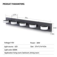 37" Modern 5-Light LED Vanity Light, Sleek Black Bathroom Wall Light Fixture for Mirror, Shower, and Bathroom Decor