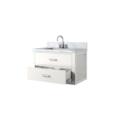 White Single Bath Vanity 30 in. W x 22 in. D, Carrara Marble Top, and Faucet Set