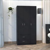 Austral 3 Door Armoire with Two Drawers, Shelves, and Hanging Rod - Black