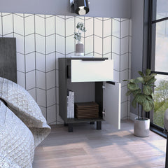Kaia Z Nightstand , End Table, Side Table One Drawer, One Cabinet, Four Legs, Superior Top -Smokey Oak / White