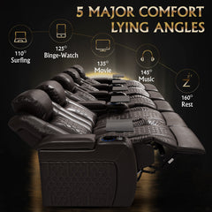 155.5"Power Recliner 5 PC Made WithTop-Grain Nappa,Fully Adjustable Relaxation,Smart Charging,Dynamic RGB LED Lighting,COFFEE