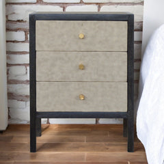Solid Wood Faux Leather Nightstand, 3-Drawers, Grey and Black