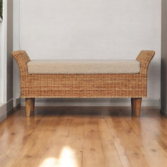 Solid Wood Riviera Woven Bench, Upholstered, Beige and Light Brown