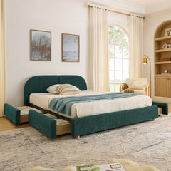 Queen Size Upholstered Bed Frame Modern Minimalist Style - Circle Yarn Fabric, Tall Curved Headboard, Sturdy Leg Support & Wheeled Drawer Storage, Mattress Not Included -Green