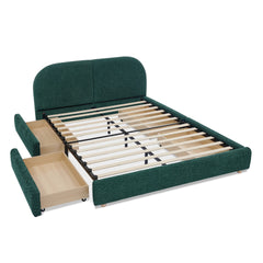 Queen Size Upholstered Bed Frame Modern Minimalist Style - Circle Yarn Fabric, Tall Curved Headboard, Sturdy Leg Support & Wheeled Drawer Storage, Mattress Not Included -Green