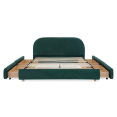 Queen Size Upholstered Bed Frame Modern Minimalist Style - Circle Yarn Fabric, Tall Curved Headboard, Sturdy Leg Support & Wheeled Drawer Storage, Mattress Not Included -Green