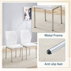 Luxury Simple Chair - Set of 6 White PU Material High Resilience Dining Chair with Metal Silver Leg.The Chair Back Has a Vertical Stripe Design With Smooth And Uniform Lines.