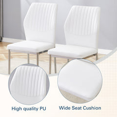 Luxury Simple Chair - Set of 6 White PU Material High Resilience Dining Chair with Metal Silver Leg.The Chair Back Has a Vertical Stripe Design With Smooth And Uniform Lines.