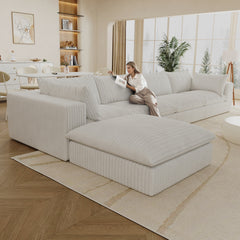 157.6"Cloud Sofa,Corduroy Fabric,Deep Seat Couches,Double-layer design,Removable Cushion,No Assembly,DIY Combination for Living room, Bedroom,Conference room ,Apartment,White