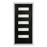 36 x 80 Fiberglass Entry Door with Brickmould, Frosted Glass, Black Finished Knock-Down Fiberglass Door - Contemporary Style for Home's Front Entrance, Right Hand Inswing with White Vinyl Frame
