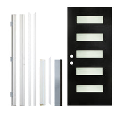 36 x 80 Fiberglass Entry Door with Brickmould, Frosted Glass, Black Finished Knock-Down Fiberglass Door - Contemporary Style for Home's Front Entrance, Right Hand Inswing with White Vinyl Frame