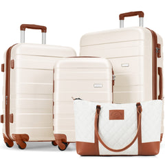 Luggage Sets 4 Piece, ABS Durable Suitcase with Travel Bag, Carry On Luggage Suitcase Set with 360° Spinner Wheels, ivory and brown