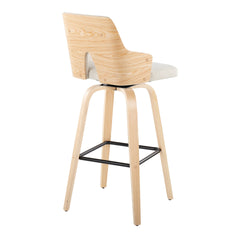Stella 30" Contemporary Fixed-Height Barstool with Swivel in Natural Wood, Cream Fabric and Square Black Metal Footrest by LumiSource - Set of 2