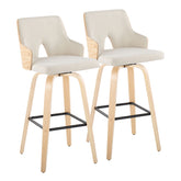 Stella 30" Contemporary Fixed-Height Barstool with Swivel in Natural Wood, Cream Fabric and Square Black Metal Footrest by LumiSource - Set of 2