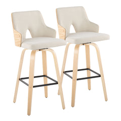 Stella 30" Contemporary Fixed-Height Barstool with Swivel in Natural Wood, Cream Fabric and Square Black Metal Footrest by LumiSource - Set of 2