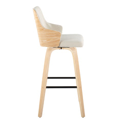 Stella 30" Contemporary Fixed-Height Barstool with Swivel in Natural Wood, Cream Fabric and Square Black Metal Footrest by LumiSource - Set of 2