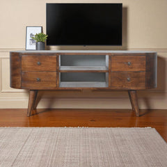 Chestnut Rounded Entertainment Unit, Nordic Legs, 4-Drawers, 2 Open Slot, Brown