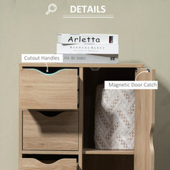 HOMCOM Freestanding Storage Cabinet, Bathroom Floor Cabinet with 4 Drawers and Door, Oak