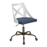 Charlotte Farmhouse Task Chair in Antique Copper Metal, White Textured Wood, and Blue Fabric by LumiSource