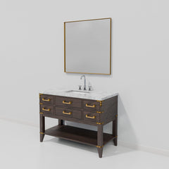 Brown Oak Single Bath Vanity 48 in. W x 22 in. D, Carrara Marble Top, Faucet Set, and 46 in. Mirror