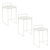 Fuji 26" Contemporary Stackable Counter Stool in White Metal with White Faux Leather Cushion by LumiSource - Set of 3