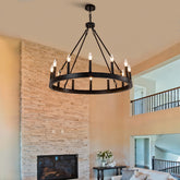 12-Light Wagon Wheel Chandelier, Farmhouse Dining Room Light Fixture, Black Round Rustic Chandeliers, Vintage Ceiling Hanging Pendant Light Fixture for Living Dining Room Bedroom Kitchen Foyer