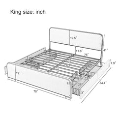 Gold Modern Metal Bed Frame with Curved Upholstered Headboard and Footboard Bed with 4 Storage Drawers, Heavy Duty Metal Slats, King Size, Beige