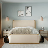 Gold Modern Metal Bed Frame with Curved Upholstered Headboard and Footboard Bed with 4 Storage Drawers, Heavy Duty Metal Slats, King Size, Beige