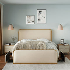 Gold Modern Metal Bed Frame with Curved Upholstered Headboard and Footboard Bed with 4 Storage Drawers, Heavy Duty Metal Slats, King Size, Beige