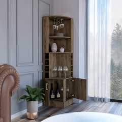 Bar cabinet 71" H, with two shelves at the top, 1 glass holder, 8 exterior bottle racks, 1 central shelf and a lower drawer with 2 side doors, Dark brown