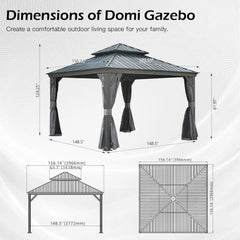 13x13FT Outdoor Gazebo, Hardtop Gazebo with Galvanized Steel Double Roof, Metal Gazebos with Drainage System Patio Pergola for Patio Deck Backyard,Curtain and Netting,Gray