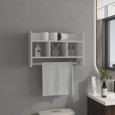 Bathroom Wall Shelf with Towel Bar, Compact Storage With A Wide Upper Shelf, Three Comapct Middle Shelves and Towel Holder for Bathroom Organizer, White