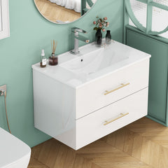 30-Inch White Gloss Wall-Mounted Bathroom Vanity with Sink Combo, Double Drawers,Ceramic Sink,Long Metal Handle ,Easy Installation,Glossy White