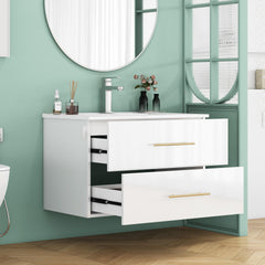 30-Inch White Gloss Wall-Mounted Bathroom Vanity with Sink Combo, Double Drawers,Ceramic Sink,Long Metal Handle ,Easy Installation,Glossy White