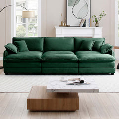 Oversized modular cushioned sofa,with 3 ottomans to work as sleeper sofa beds, 3-seater sofa with 3 footstools,Green corduroy fabric