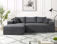2-Piece Convertible Corduroy L-Shaped Sofa in a Box with Pillows, 3-Seater Modular Sectional Couch, Compressed Living Room Furniture, Dark Grey (Left Facing)