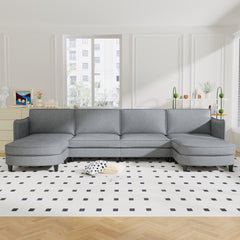 141.5'' Large Size 6 Seater Sofa Couch, U-Shaped Sofas with Movable Ottoman, Arm with Pockets,Modern Fabric Couches for Living Room, Apartment, Office
