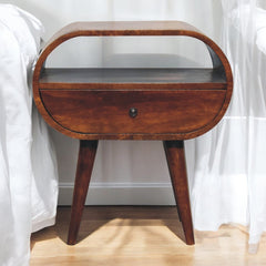 Solid Wood Large Circular Bedside, 1-Drawer, 1 Open Slot, Chestnut, Brown