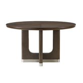 Modern Brown Finish Dining Set 5pcs Round Table and 4x Side Chairs Beige Upholstered Comfort Durable Metallic Accent Base Table Wooden Furniture