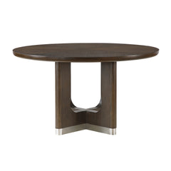 Modern Brown Finish Dining Set 5pcs Round Table and 4x Side Chairs Beige Upholstered Comfort Durable Metallic Accent Base Table Wooden Furniture