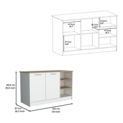 Kitchen Island Two Cabinets, Three Open Shelves, White / Natural Oak